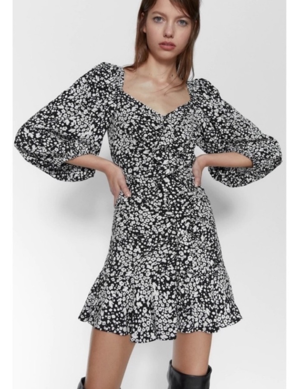 ZARA Black White Floral Puff Sleeve Ruffle Mini Dress M